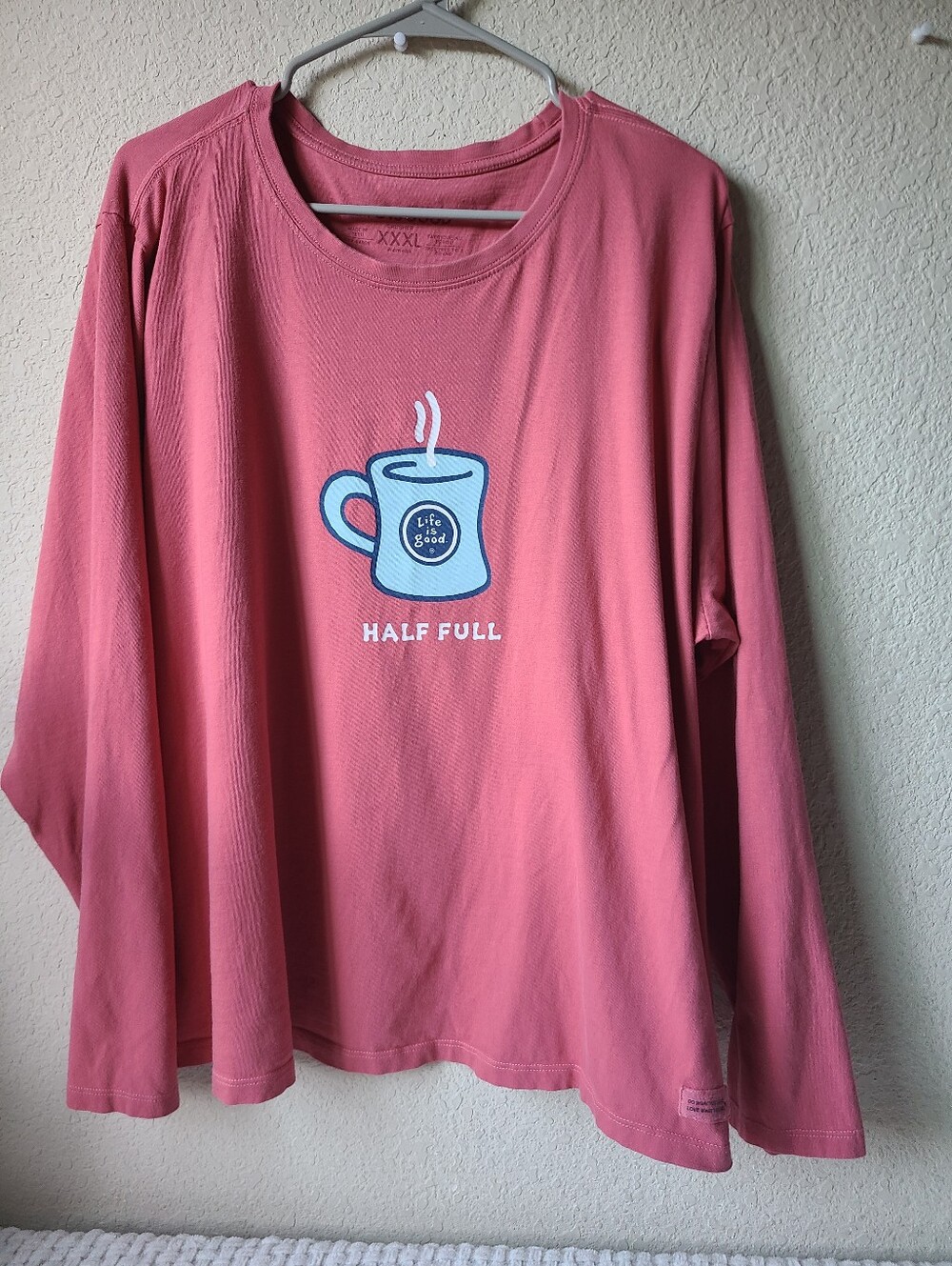 Life Is Good Pink 'Half Full' Long Sleeve Tee Blue Mug Graphic Women's Size 3XL